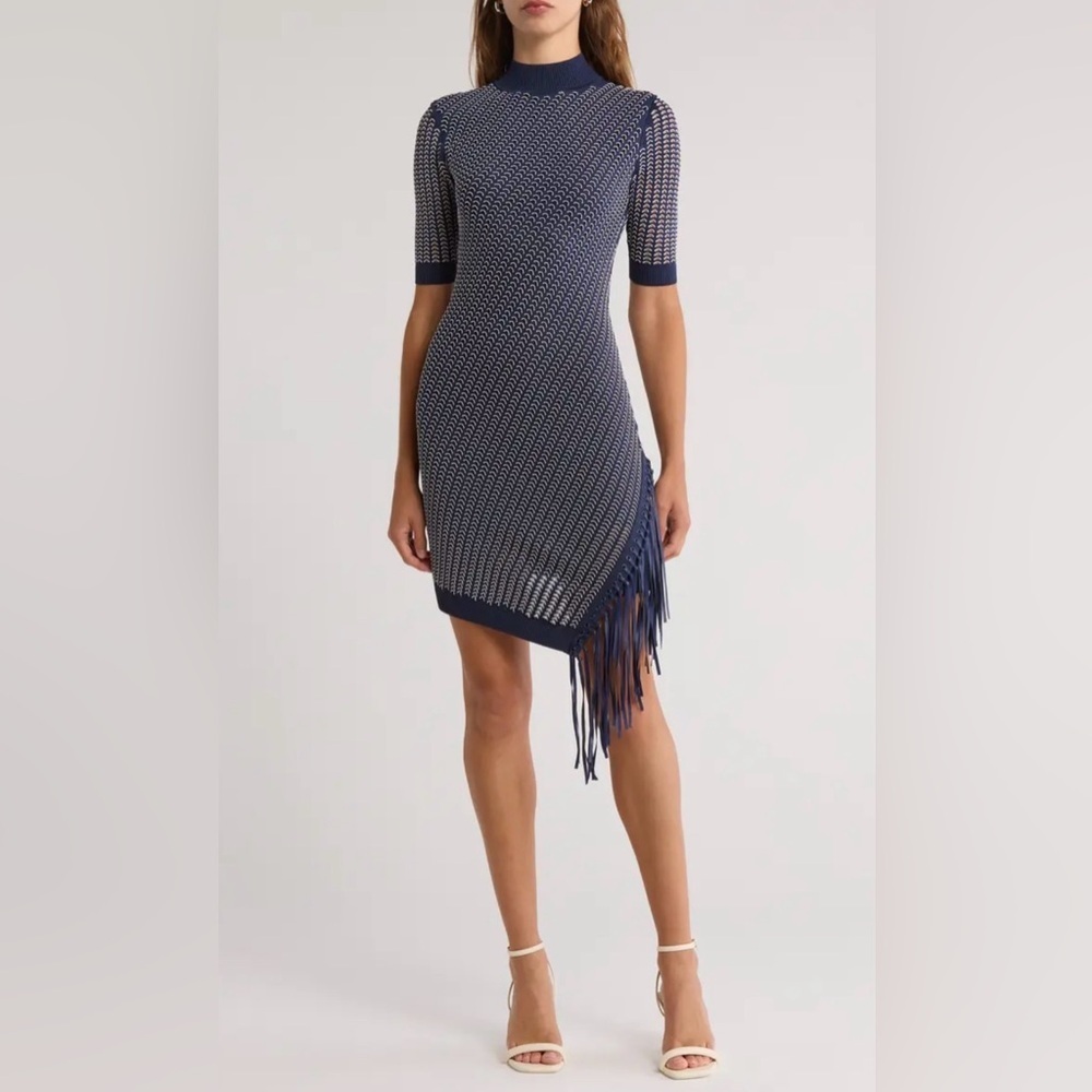 NWOT SIMKHAI Orla Geometric Faux Leather‎ Fringed Sweater Minidress, Size S